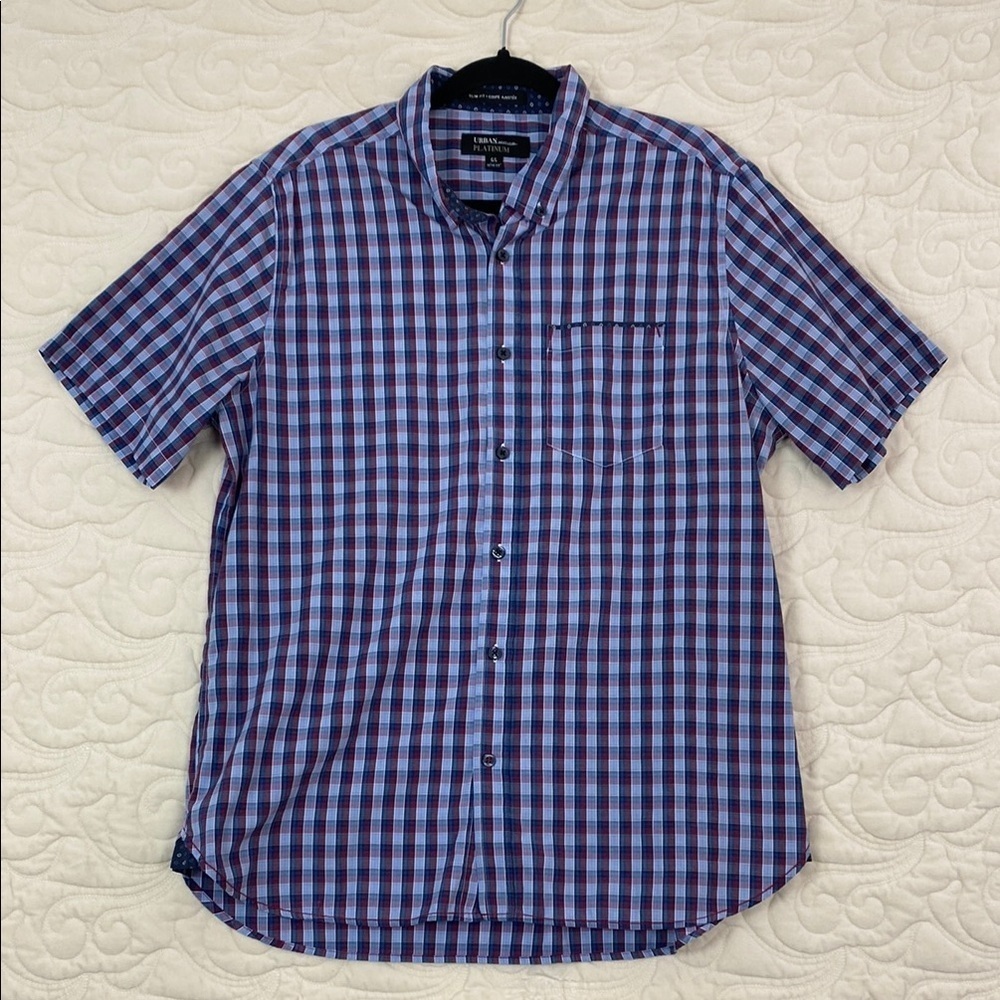 Short Sleeve Button Down Shirt Slim Fit with Blue and Red Gingham Pattern